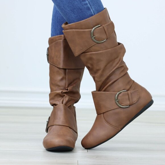 Flat Mid Calf Boots Synthetic Leather Buckles Round Toe Womens Casual Tan - Picture 7 of 16